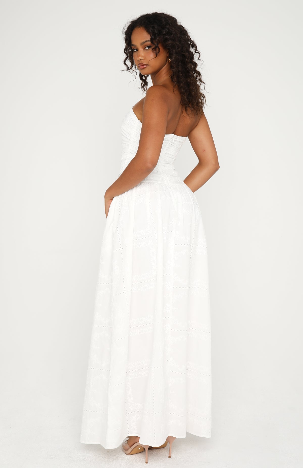 White Fox Bittersweet Babe Strapless Broderie Maxi Dress White