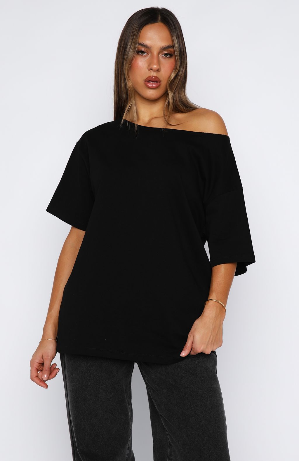 White Fox Give Me Options Off Shoulder Tee Black