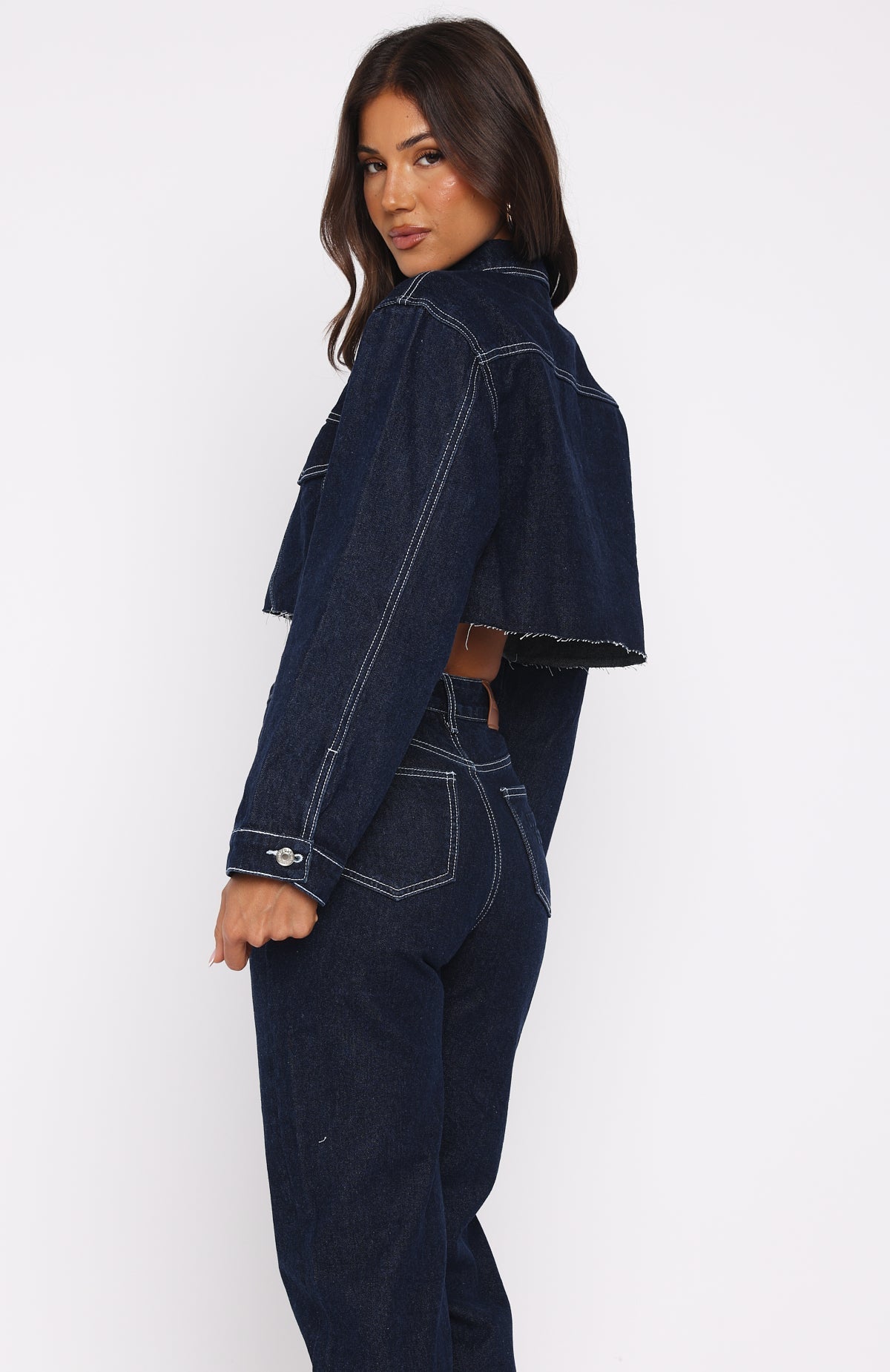 White Fox Something To Prove Cropped Denim Jacket Dark Indigo