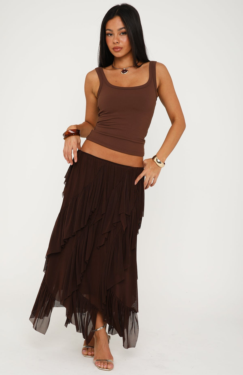 White Fox Sunset Strolls Midi Skirt Chocolate