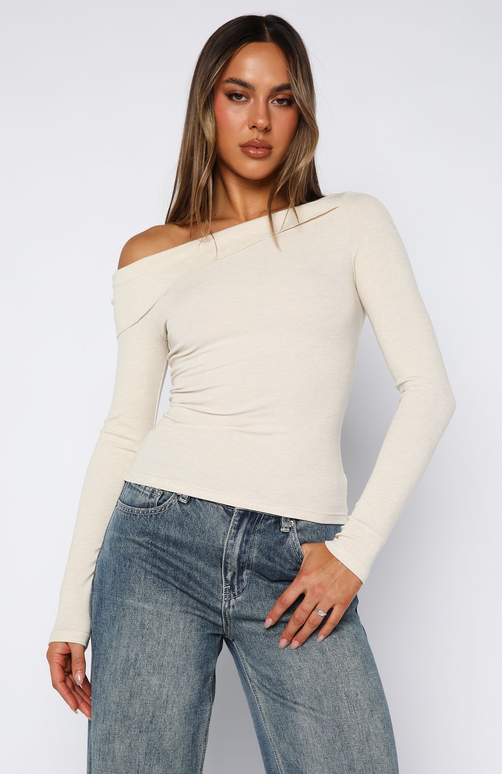 White Fox Swapping Digits Long Sleeve Top Oat