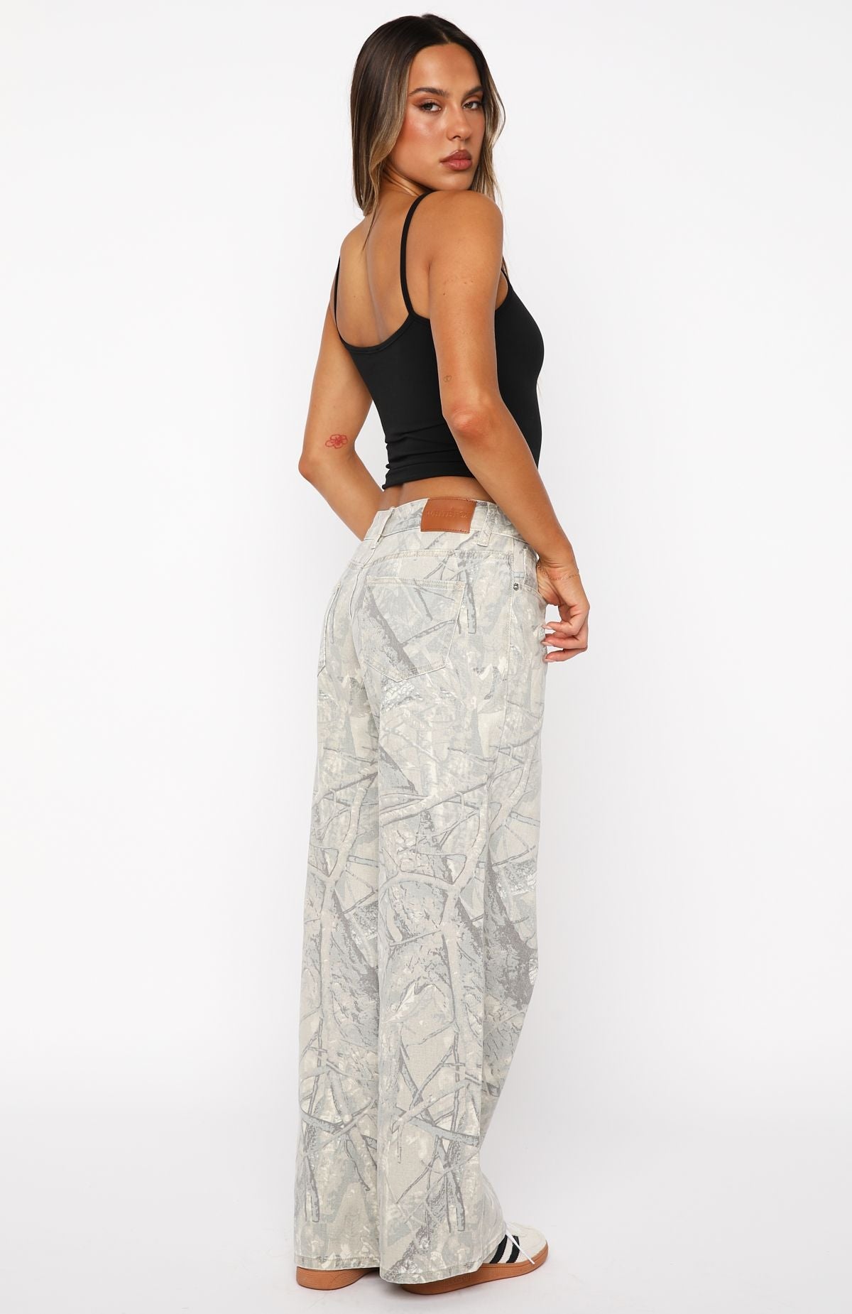 White Fox Maeve Low Rise Wide Leg Jeans Sand Camouflage