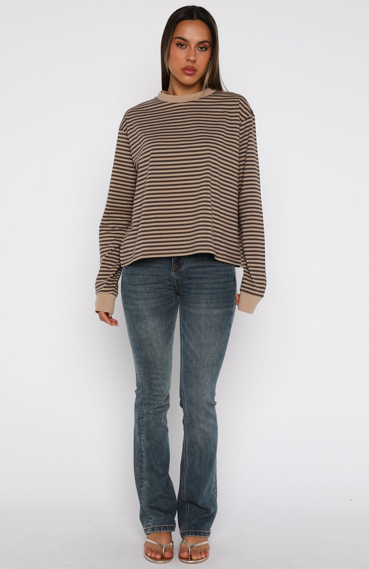 White Fox Catch The Drift Long Sleeve Tee Chocolate/Tan Stripe