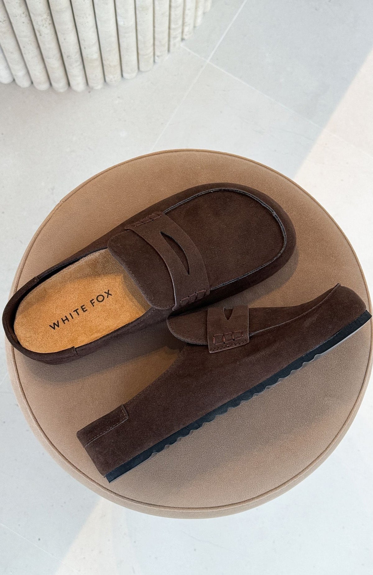 White Fox Cayson Loafer Slides Chocolate Faux Suede