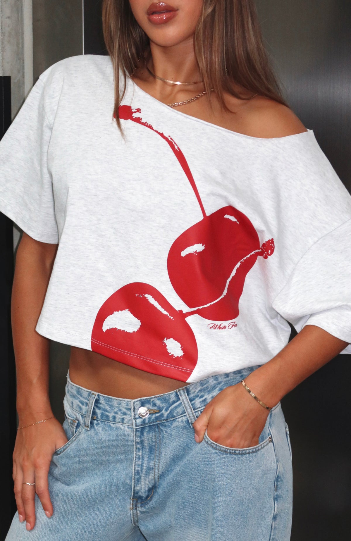 White Fox Just In Time Off Shoulder Cropped Tee Grey Marle