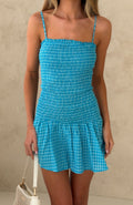 White Fox Too Much Fun Shirred Mini Dress Blue/White Check