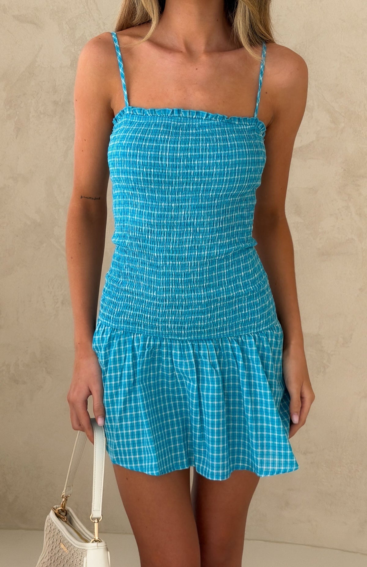 White Fox Too Much Fun Shirred Mini Dress Blue/White Check