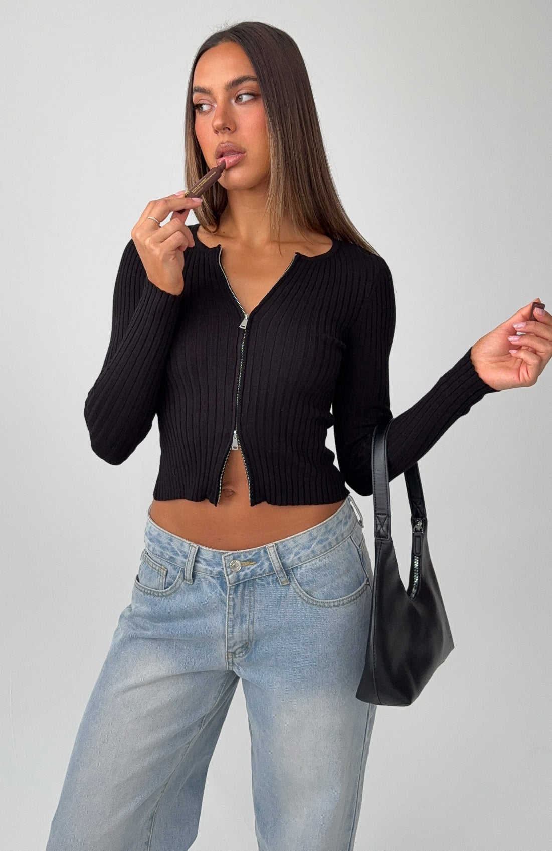 White Fox Fine Wine Long Sleeve Knit Top Black