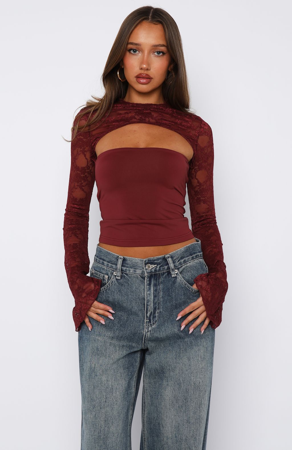 White Fox Devoted Love Long Sleeve Top Burgundy