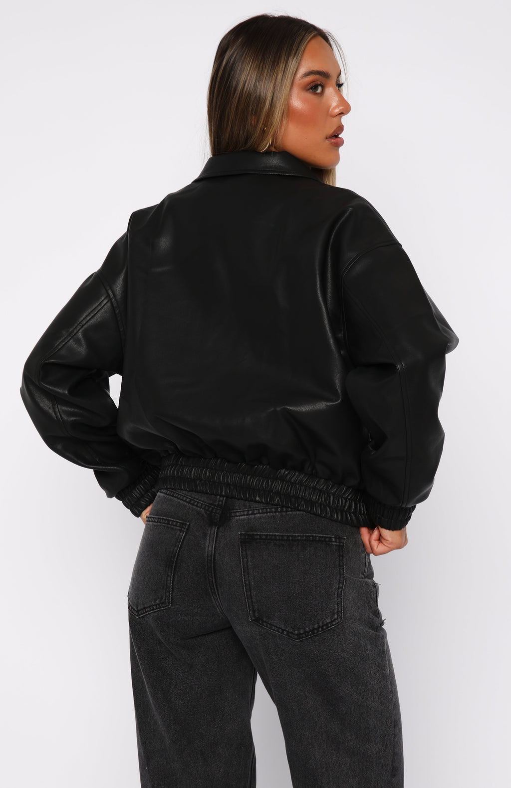 White Fox Might Cause Trouble PU Bomber Jacket Black