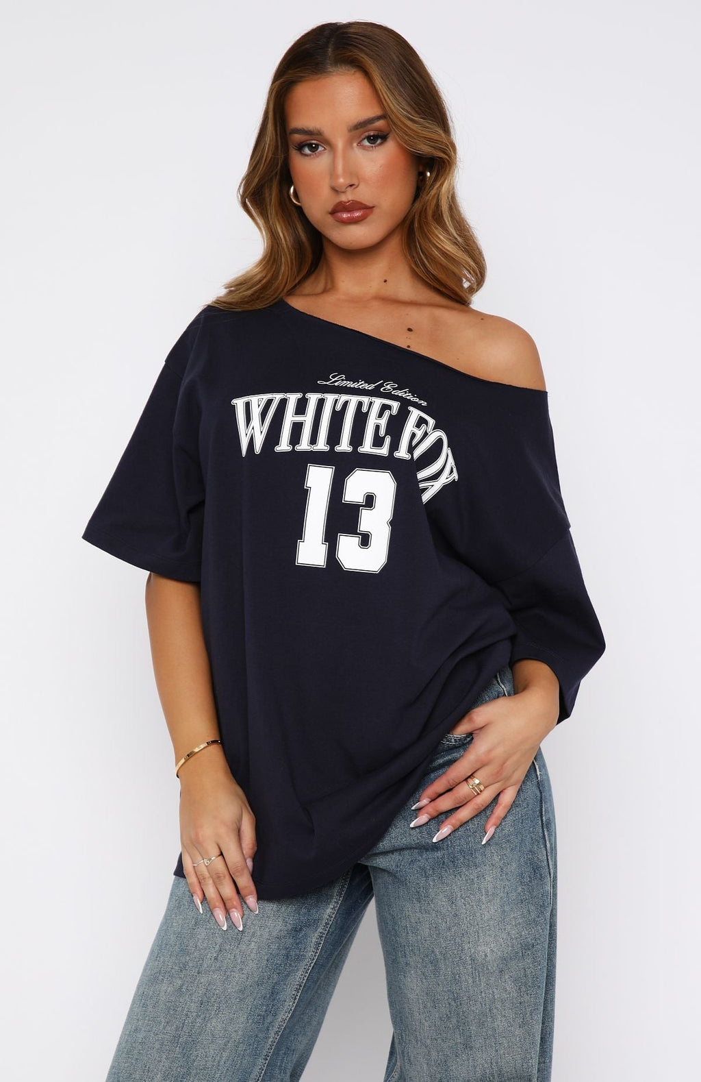 White Fox Everything In Time Off Shoulder Oversized Tee Navy