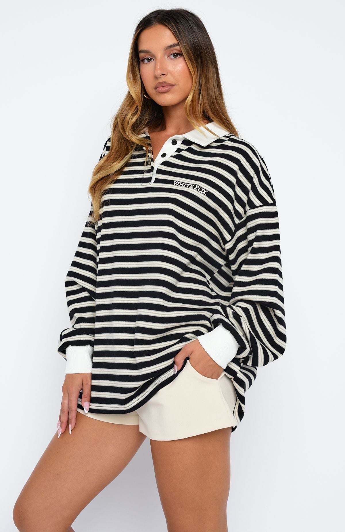 White Fox Out Again Long Sleeve Rugby Shirt Black/Grey Stripe