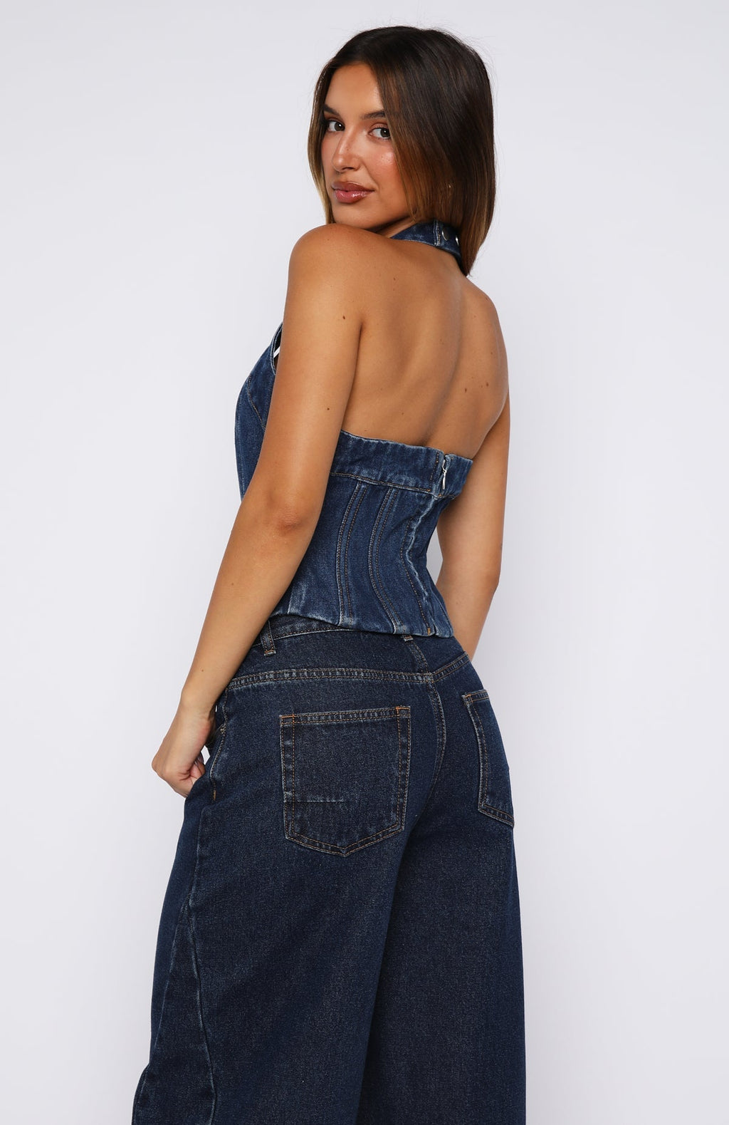 White Fox In Your Corner Denim Halter Top Dark Blue
