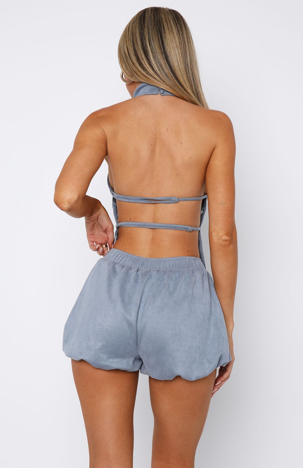 White Fox Still Love Me Faux Suede Halter Top Cornflower Blue