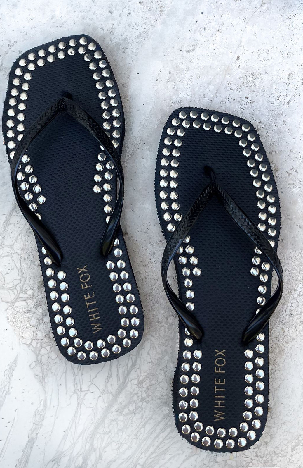 White Fox Eyre Studded Thong Sandals Black