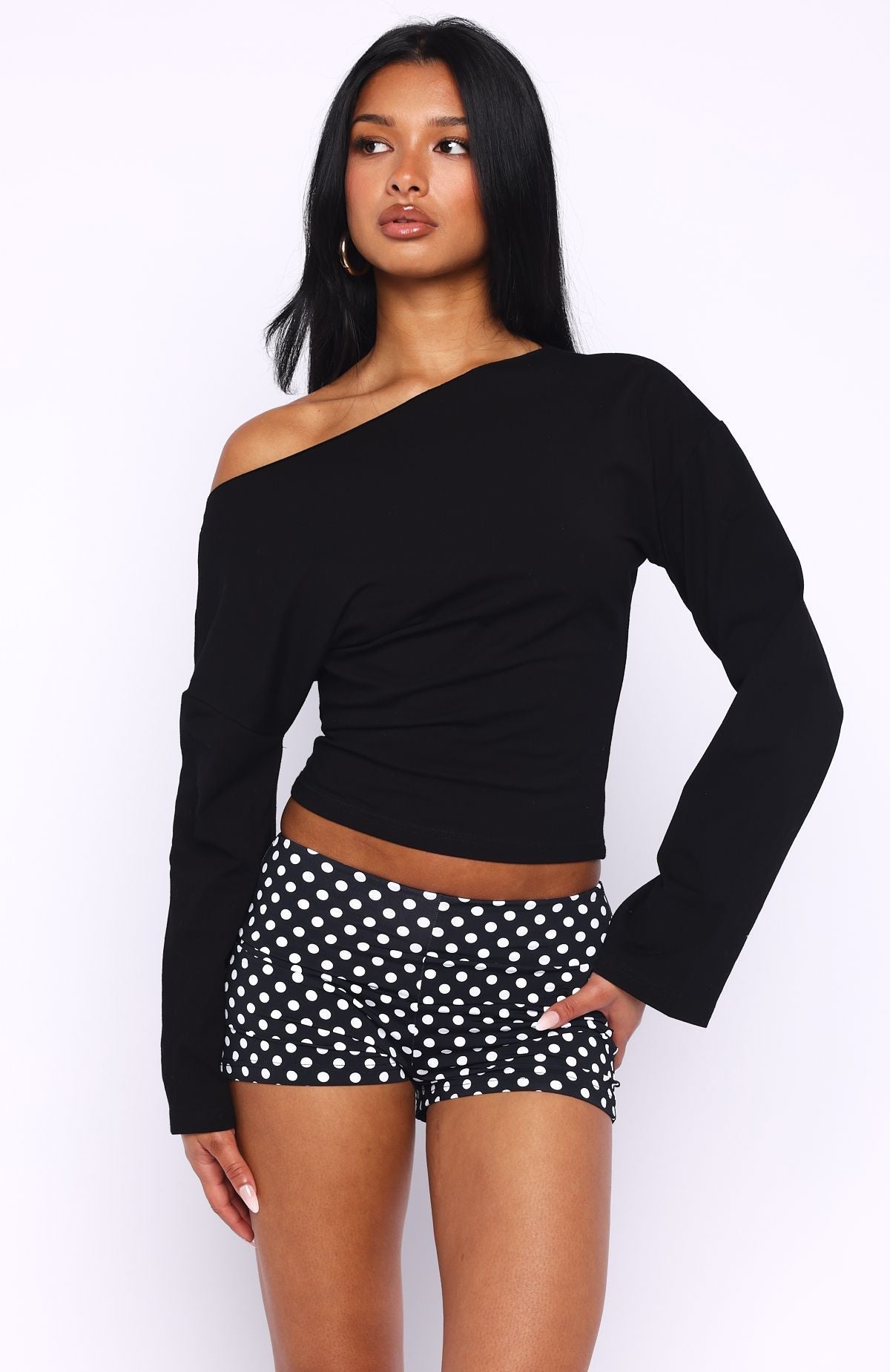 White Fox Falling For Him Cinched Waist Off Shoulder Long Sleeve Top Black