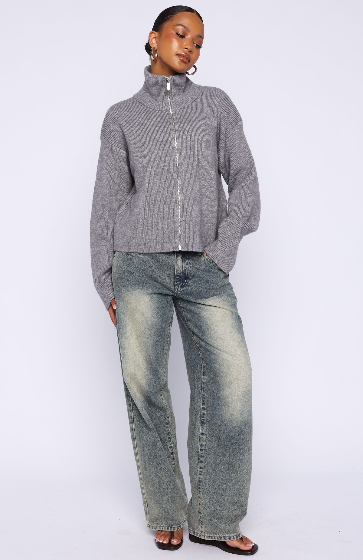White Fox Violetta Zip Knit Cardigan Smokey Grey