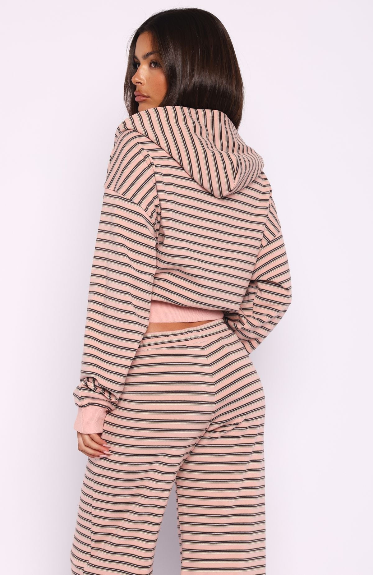 White Fox Looking Back Boxy Zip Front Hoodie Pink Stripe