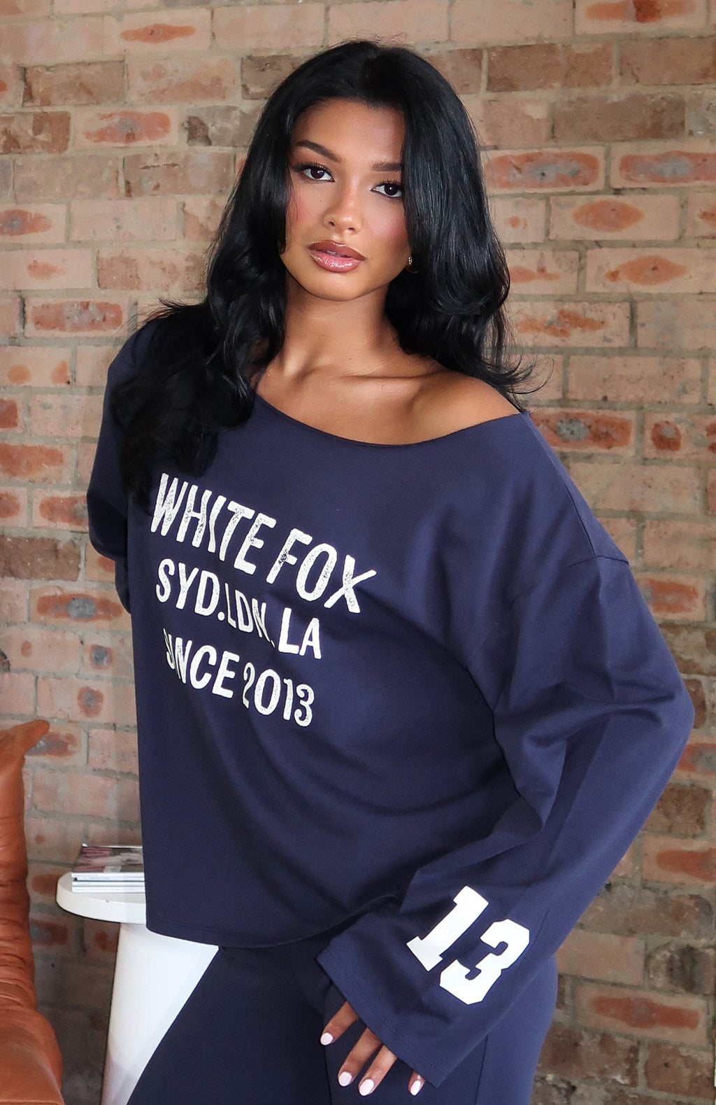 White Fox Topic Of Discussion Off Shoulder Oversized Long Sleeve Tee Navy