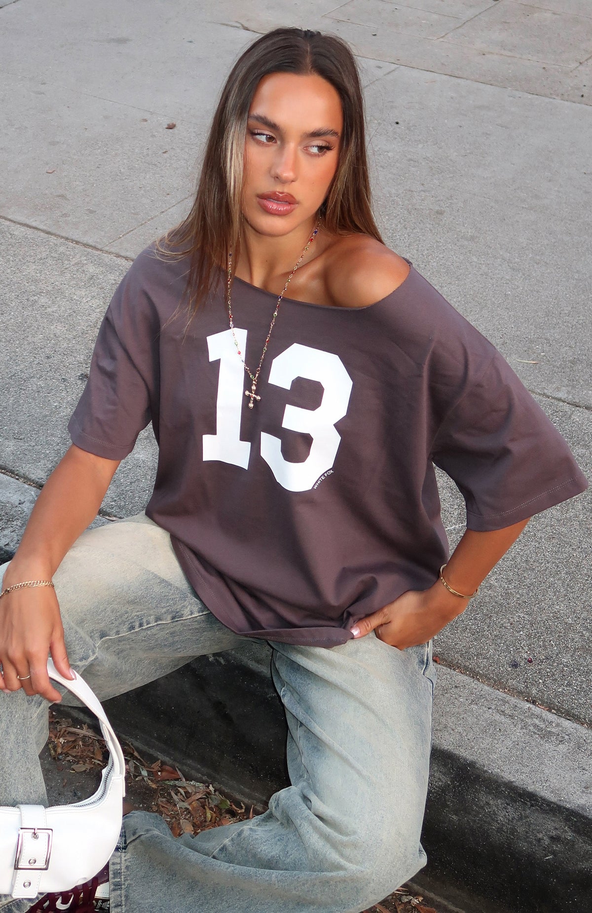 White Fox Trial Run Off Shoulder Oversized Tee Volcanic