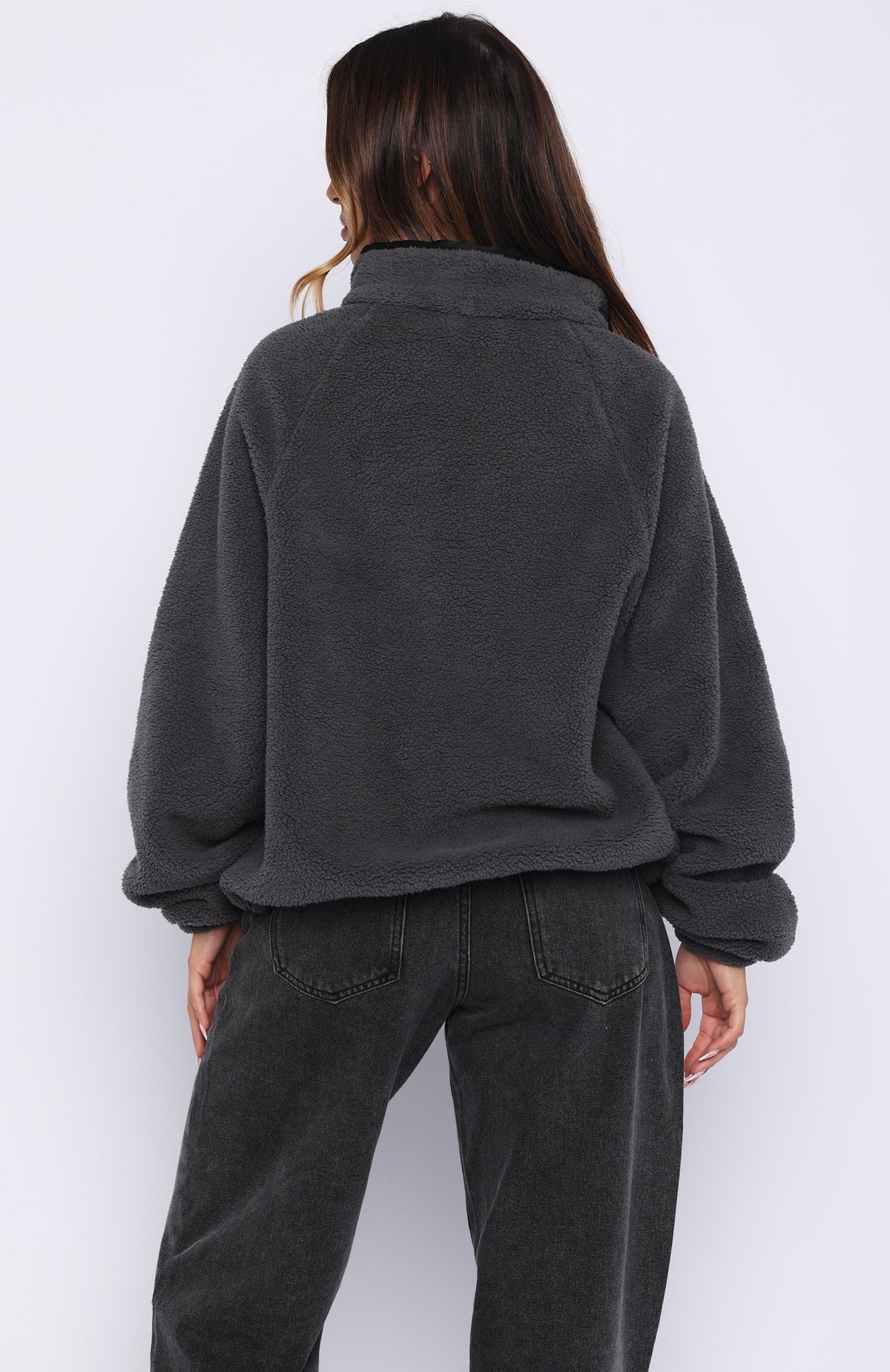 White Fox Calm Before The Storm Zip Front Fleece Sweater Charcoal