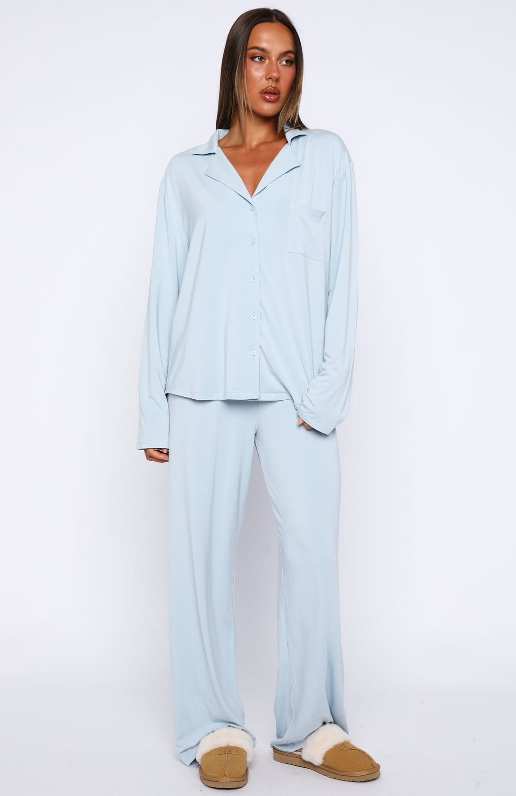 White Fox Pillow Talk Long Sleeve Pyjama Set Dusty Blue