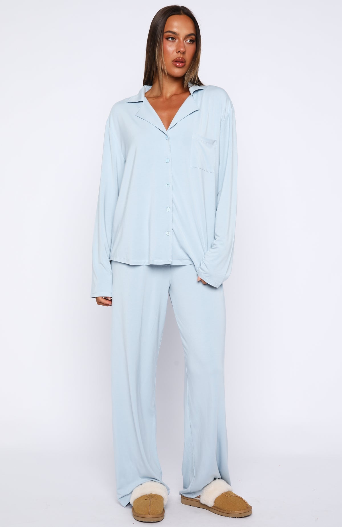 White Fox Pillow Talk Long Sleeve Pyjama Set Dusty Blue