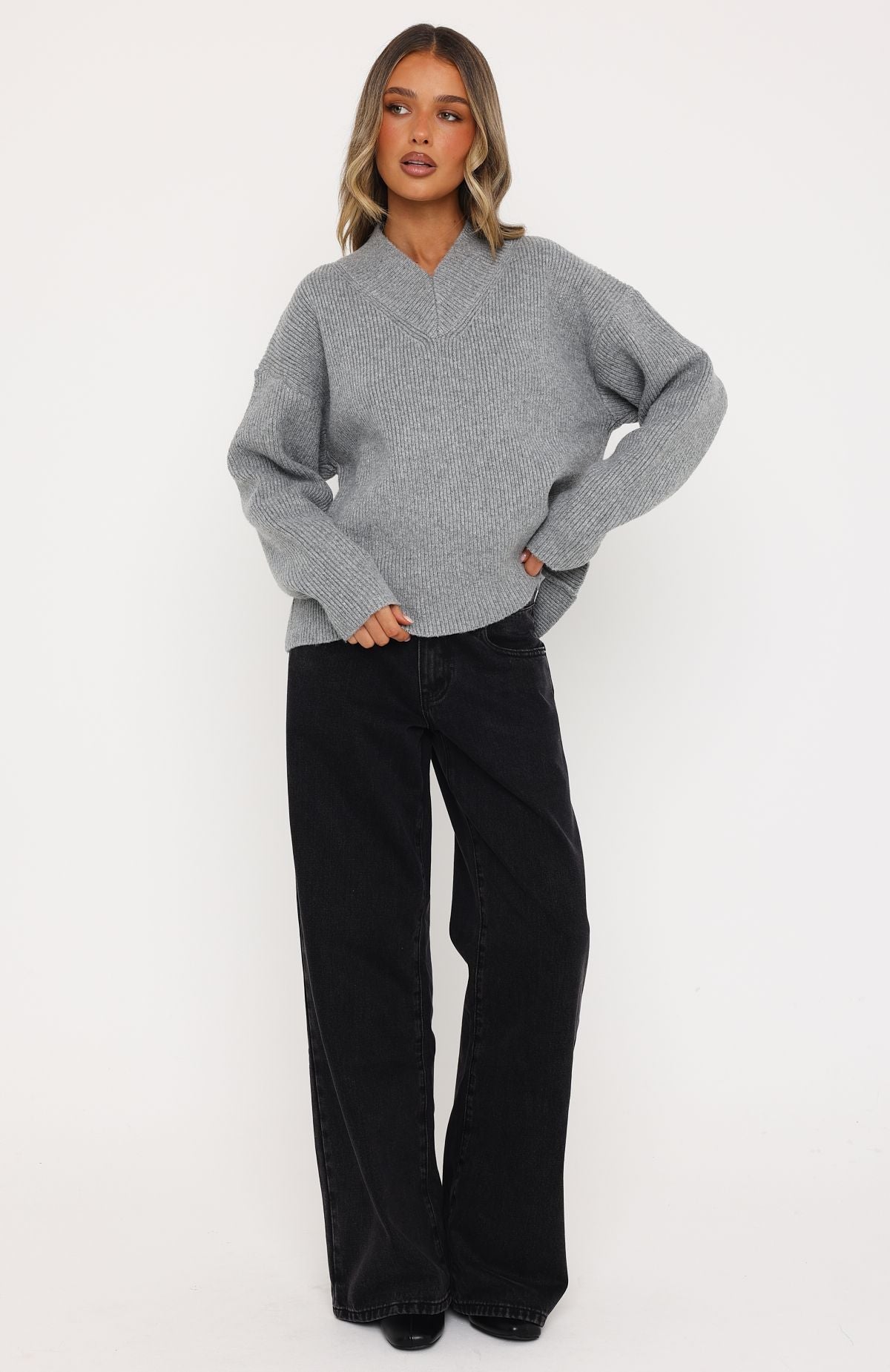 White Fox Luzia V Neck Knit Sweater Grey