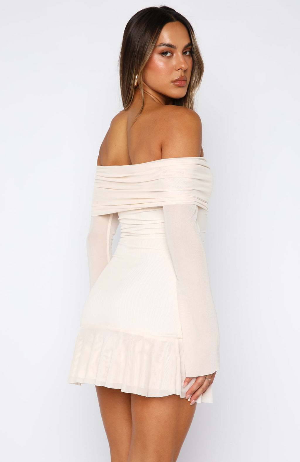 White Fox Dreaming Of Yesterday Long Sleeve Mini Dress Cream