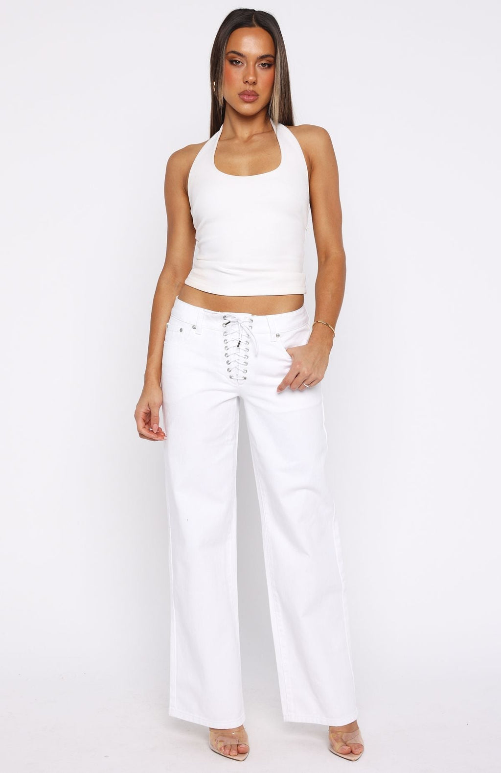 White Fox Making Appearances Mid Rise Lace Up Straight Leg Jeans White