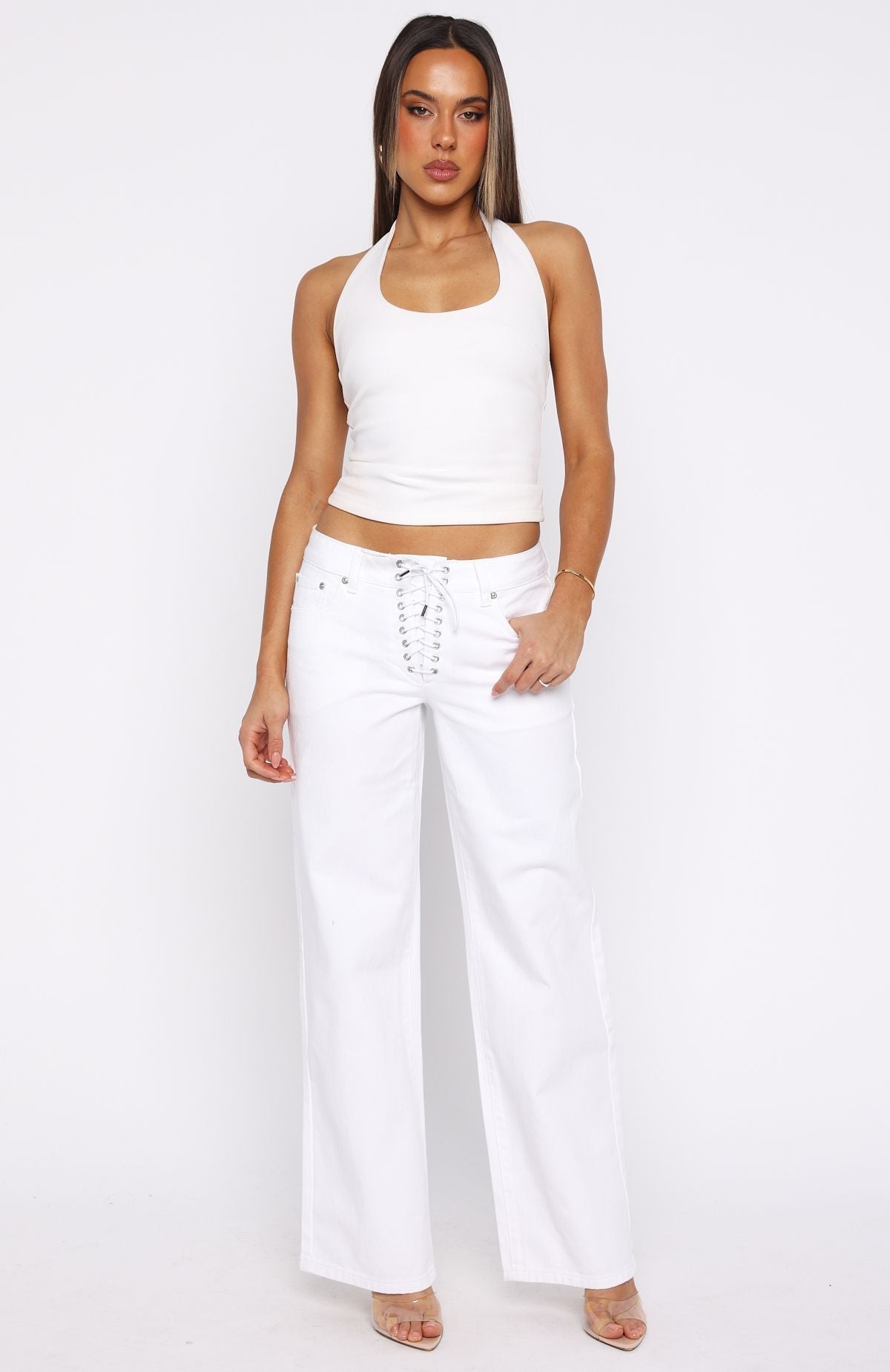 White Fox Making Appearances Mid Rise Lace Up Straight Leg Jeans White