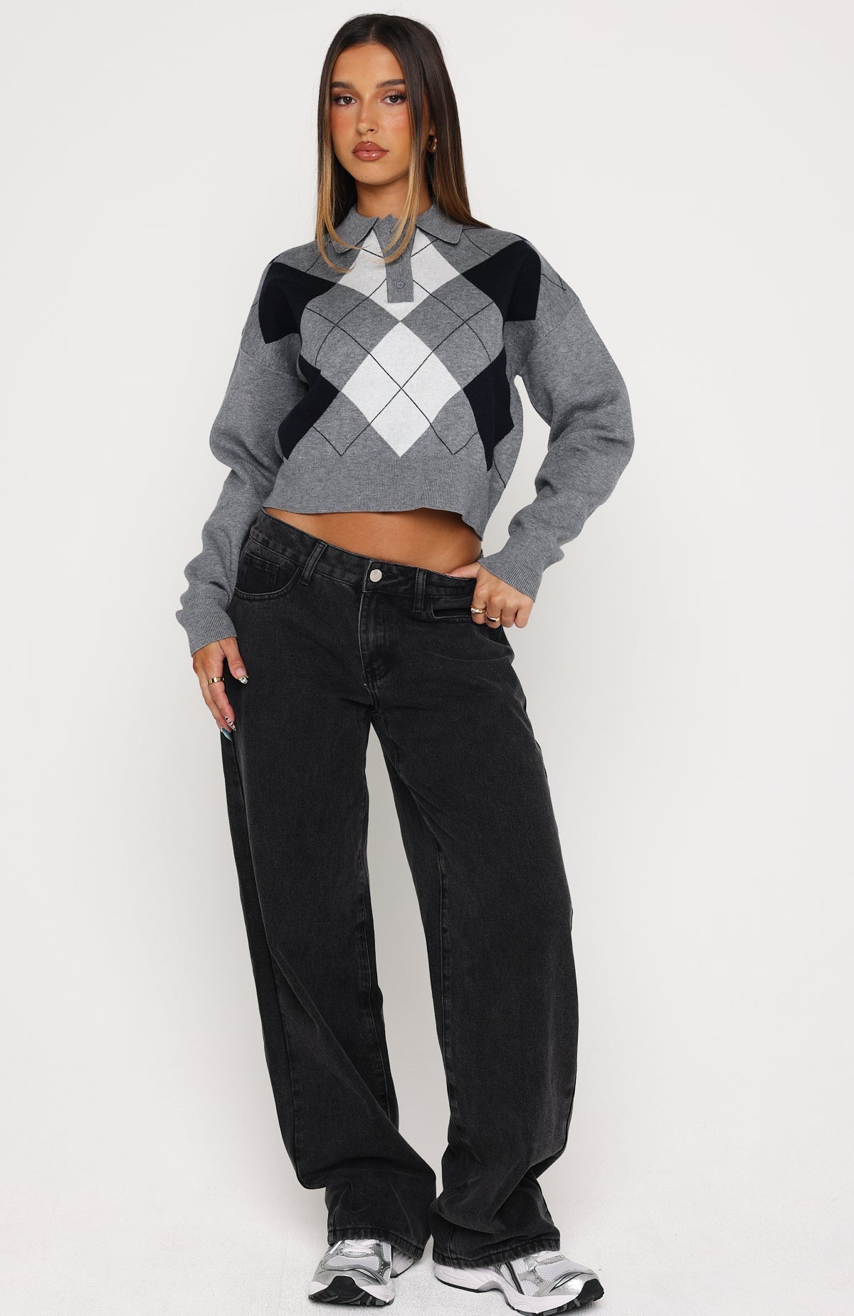 White Fox Cinzia Argyle Knit Sweater Navy Winter