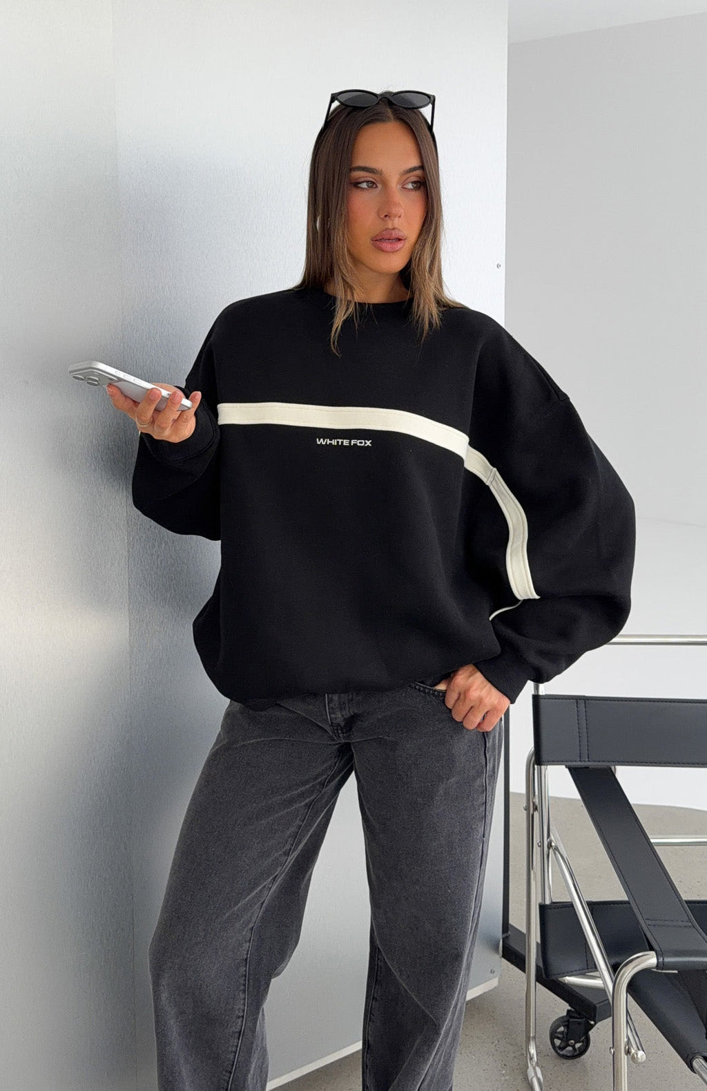 White Fox Take Another Chance Oversized Drop Shoulder Sweater Black