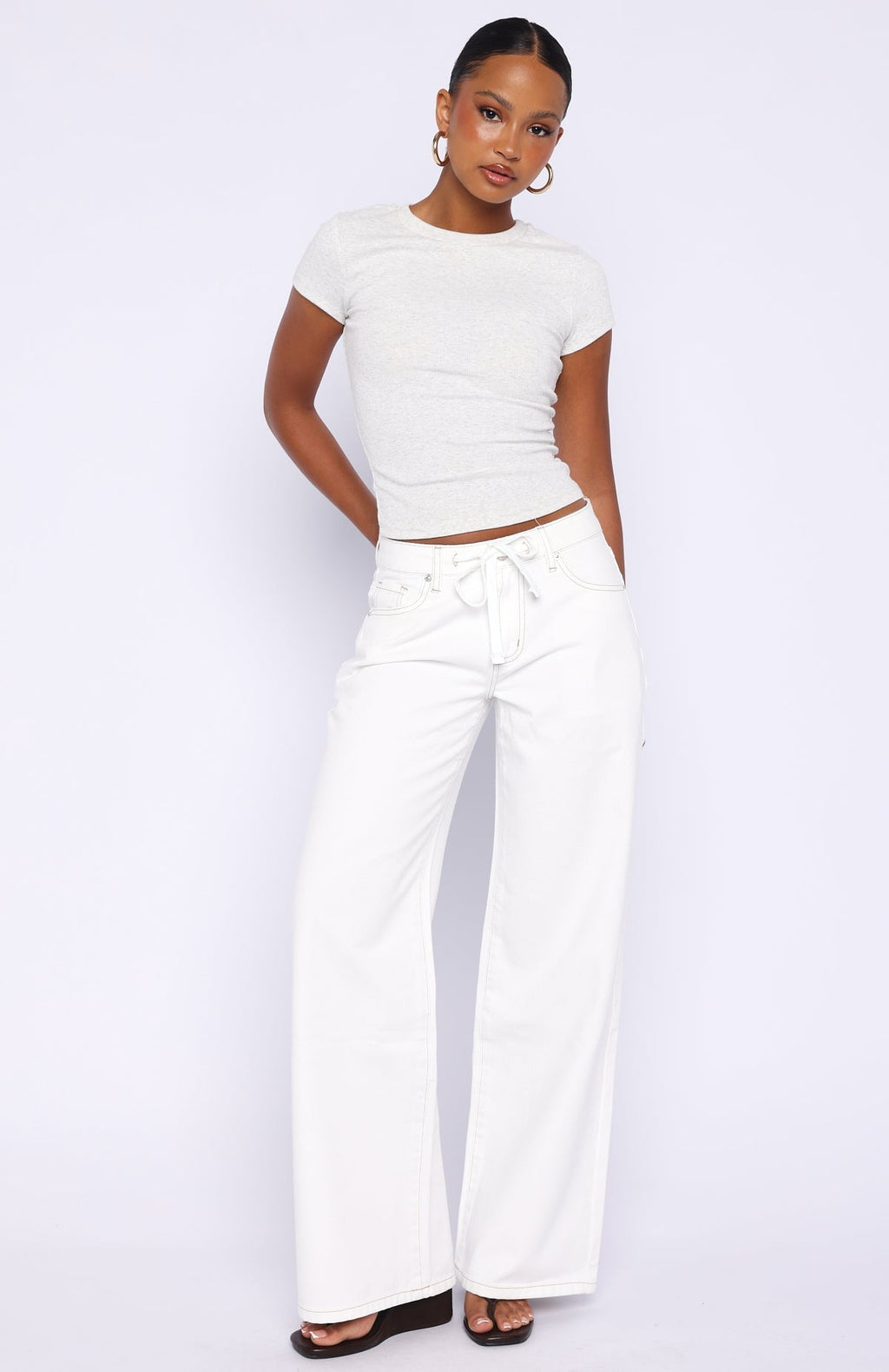 White Fox Kendall Mid Rise Wide Leg Jeans Off White