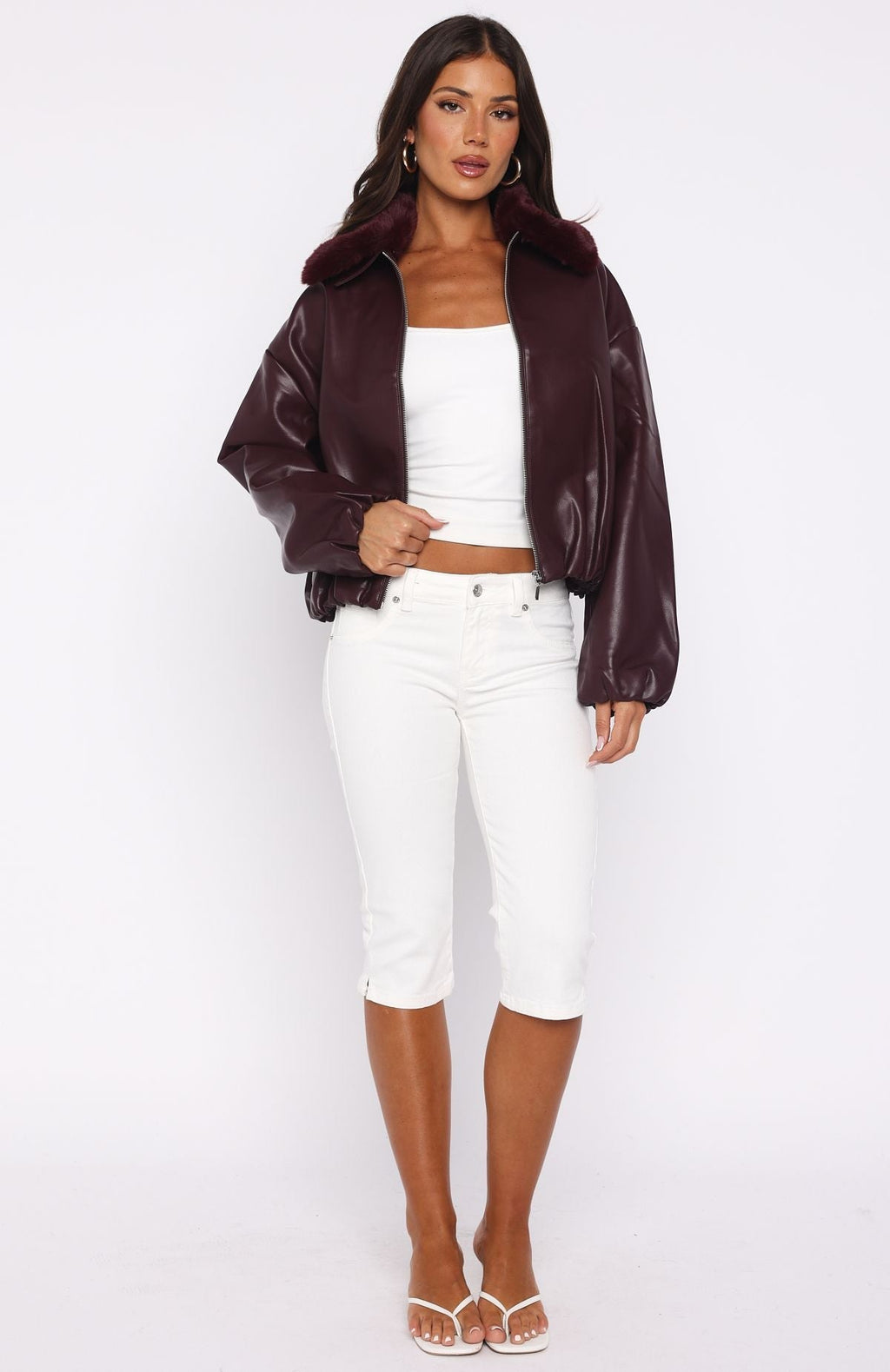 White Fox No Competition PU Bomber Jacket Burgundy