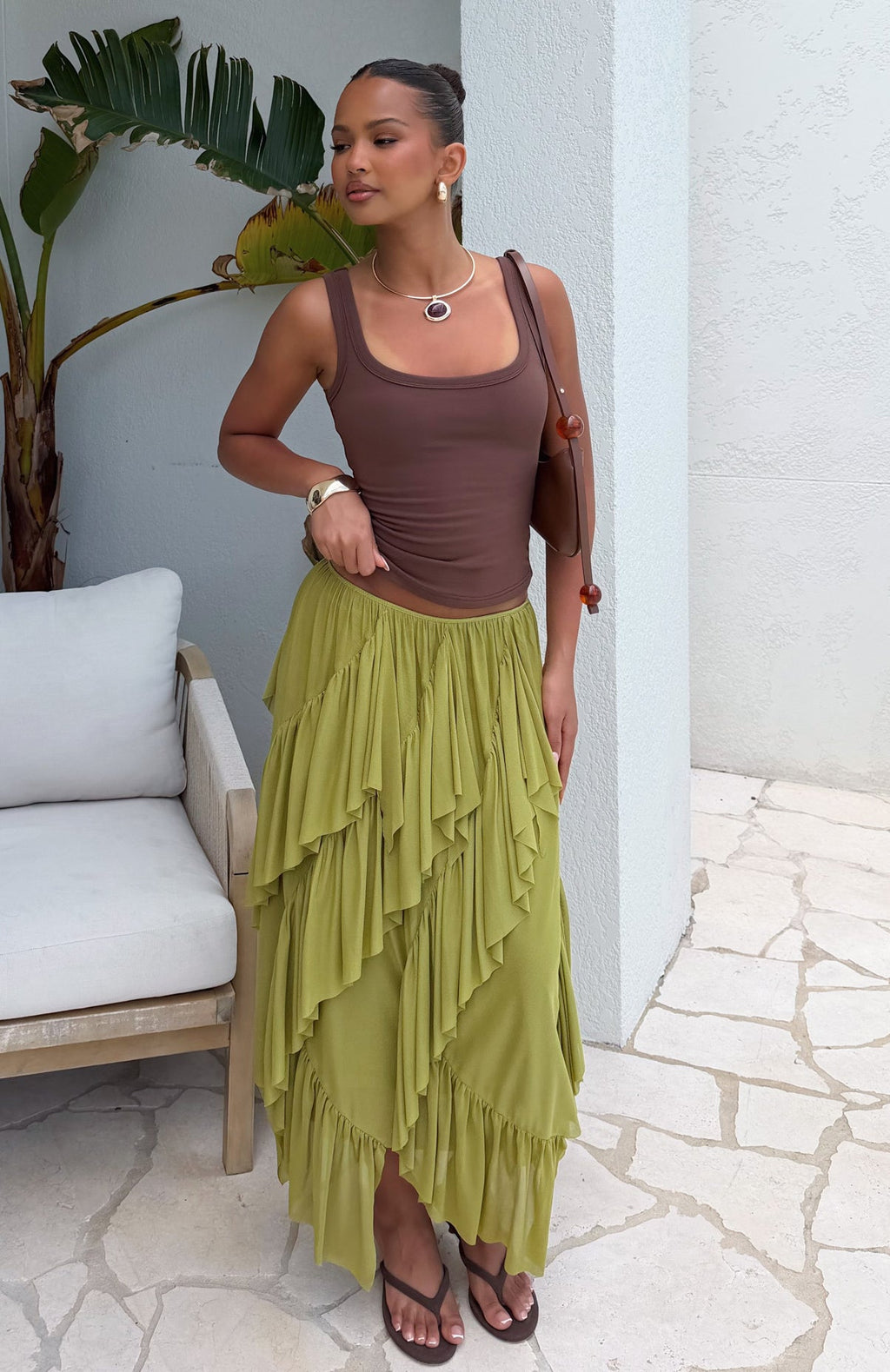 White Fox Sunset Strolls Midi Skirt Matcha