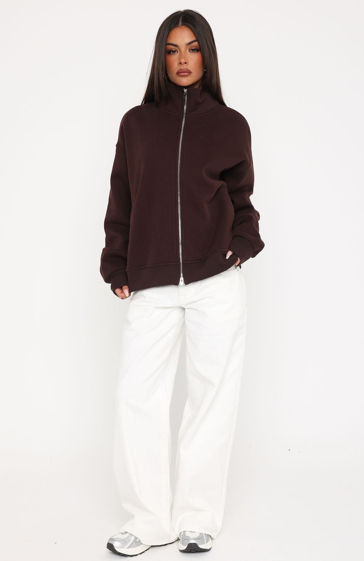 White Fox Such A Dream Oversized Zip Front Funnel Neck Jacket Chocolate