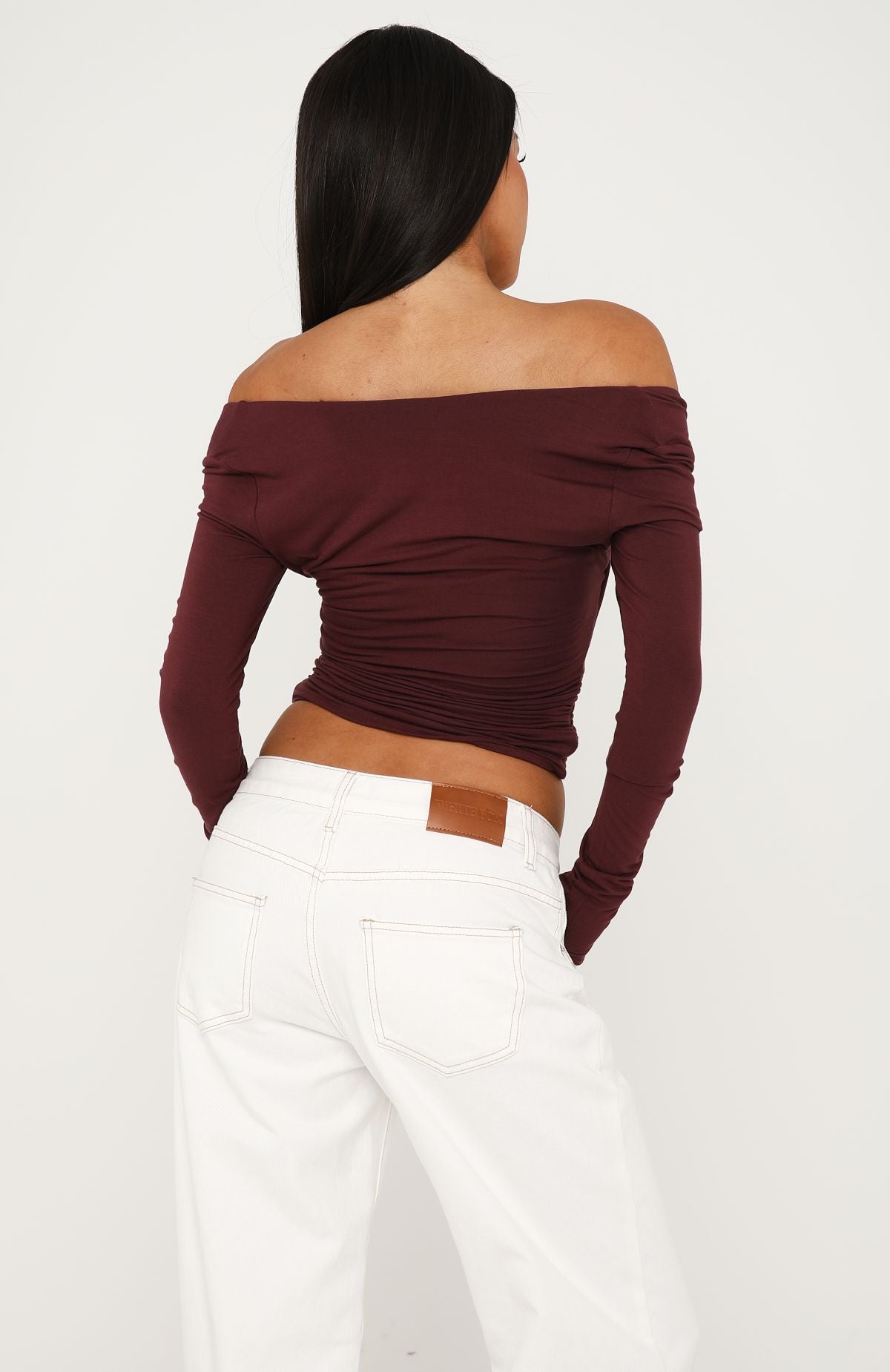 White Fox Sparks Fly Cinched Waist Off Shoulder Long Sleeve Top Cherry Chocolate