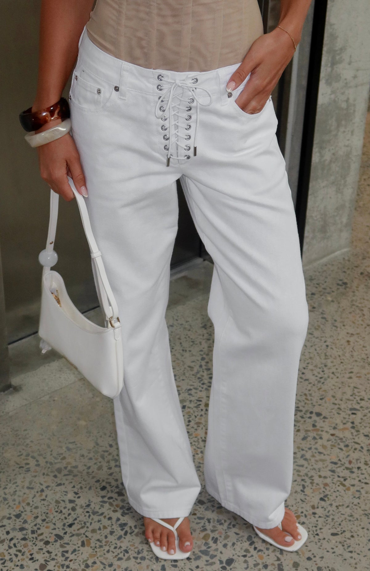 White Fox Making Appearances Mid Rise Lace Up Straight Leg Jeans White