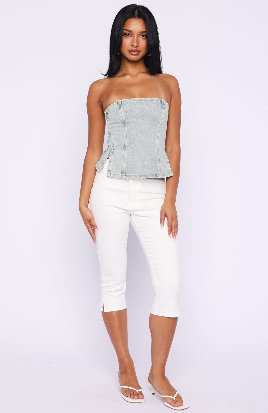 White Fox Not Listening Strapless Denim Top Light Blue Wash