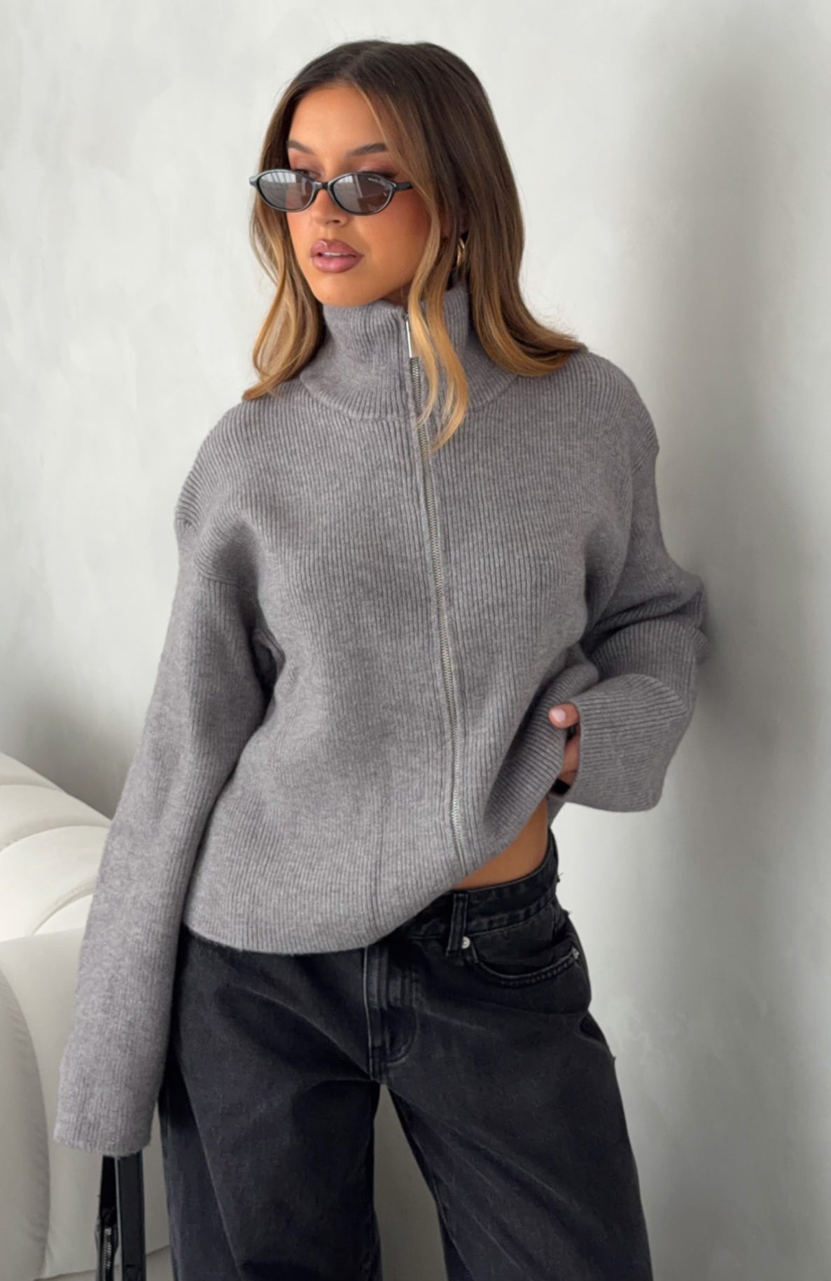 White Fox Violetta Zip Knit Cardigan Smokey Grey