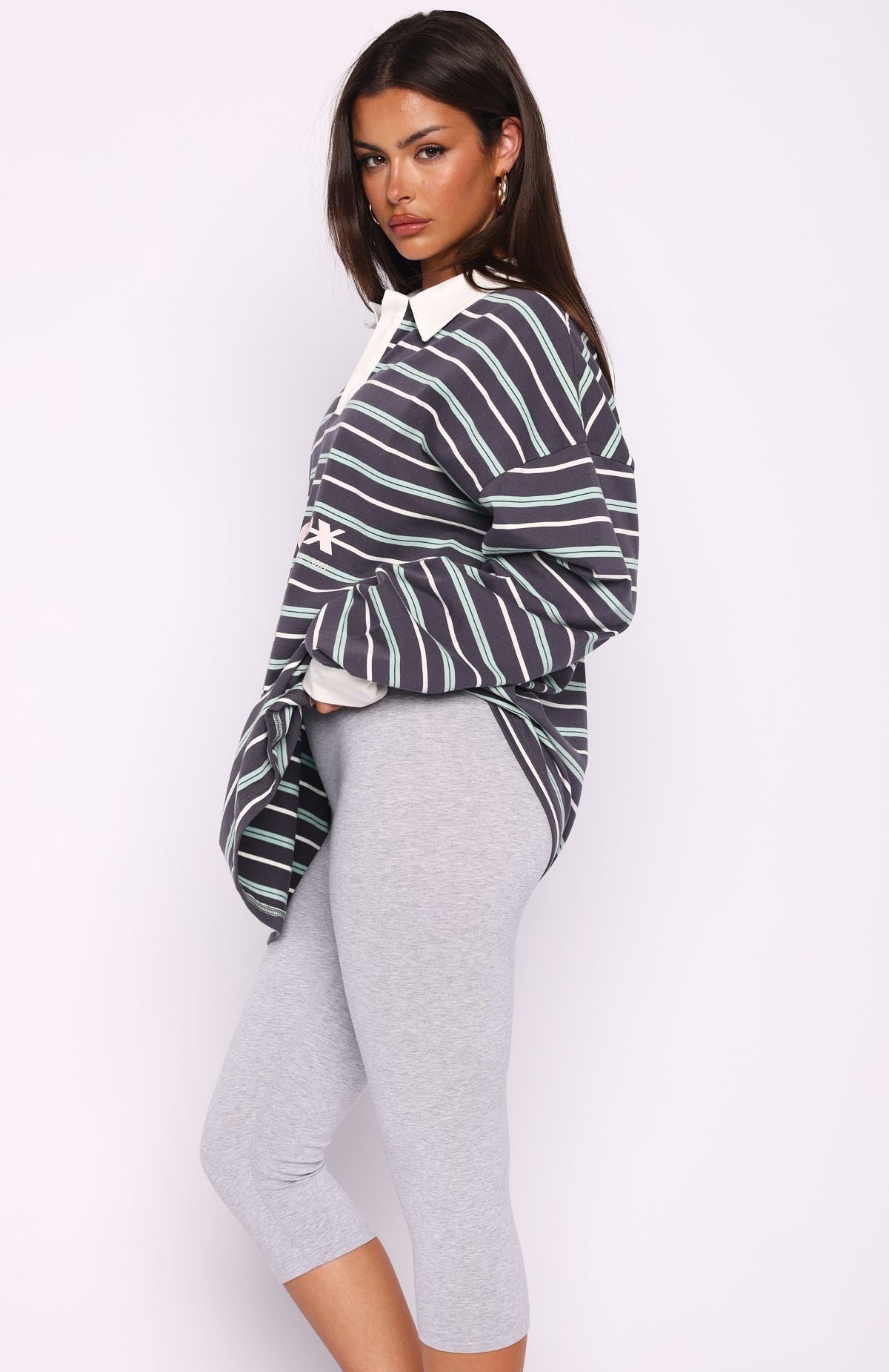 White Fox Gentle Affection Long Sleeve Rugby Shirt Grey/Mint Stripe
