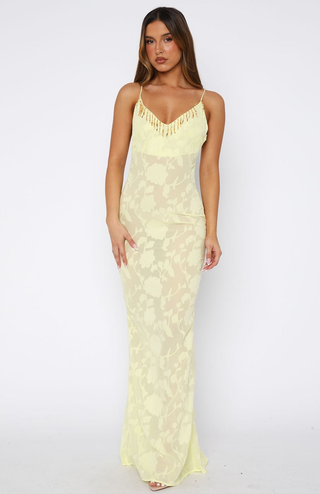 White Fox Lust For Life Embellished Trim Maxi Dress Lemon