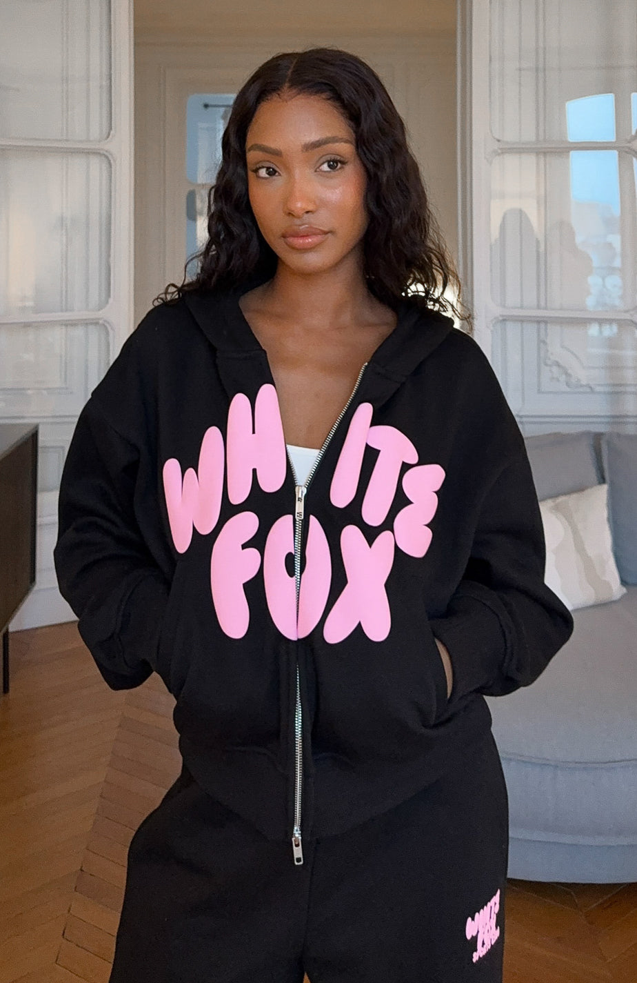 White Fox Club 14 Allie Boxy Zip Front Hoodie Black