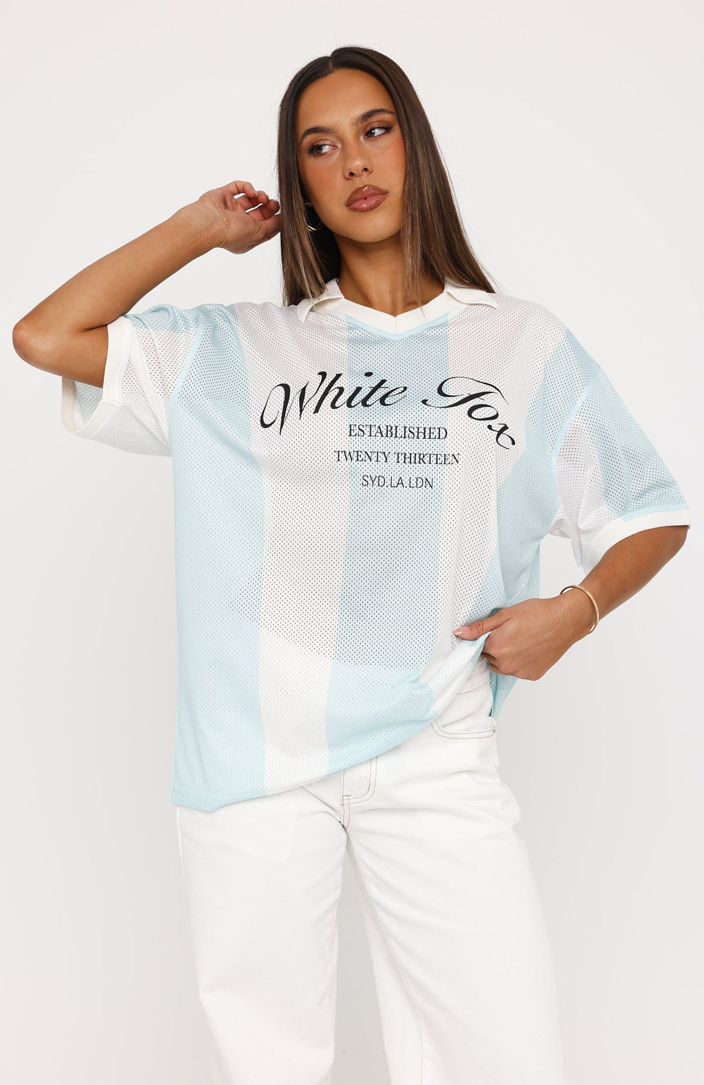 White Fox Make Moves Oversized Jersey Teal/White Stripe