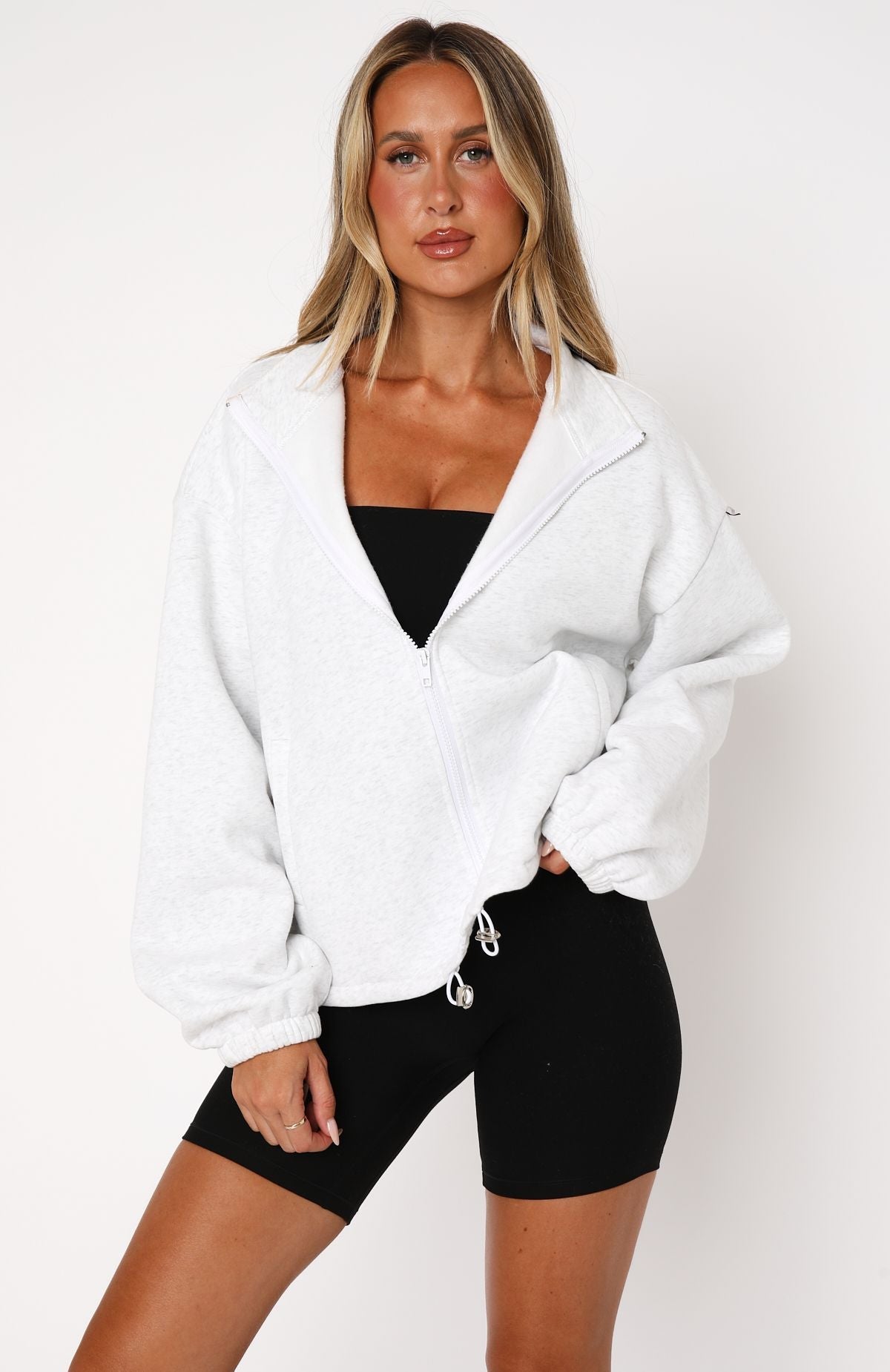 White Fox Don't Look Now Zip Front Sweater Grey Marle