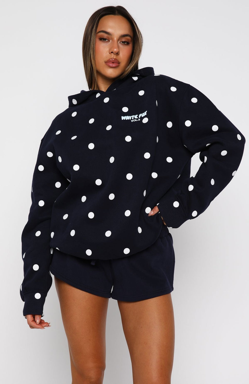 White Fox Offstage Printed Oversized Hoodie Navy Polka Dot