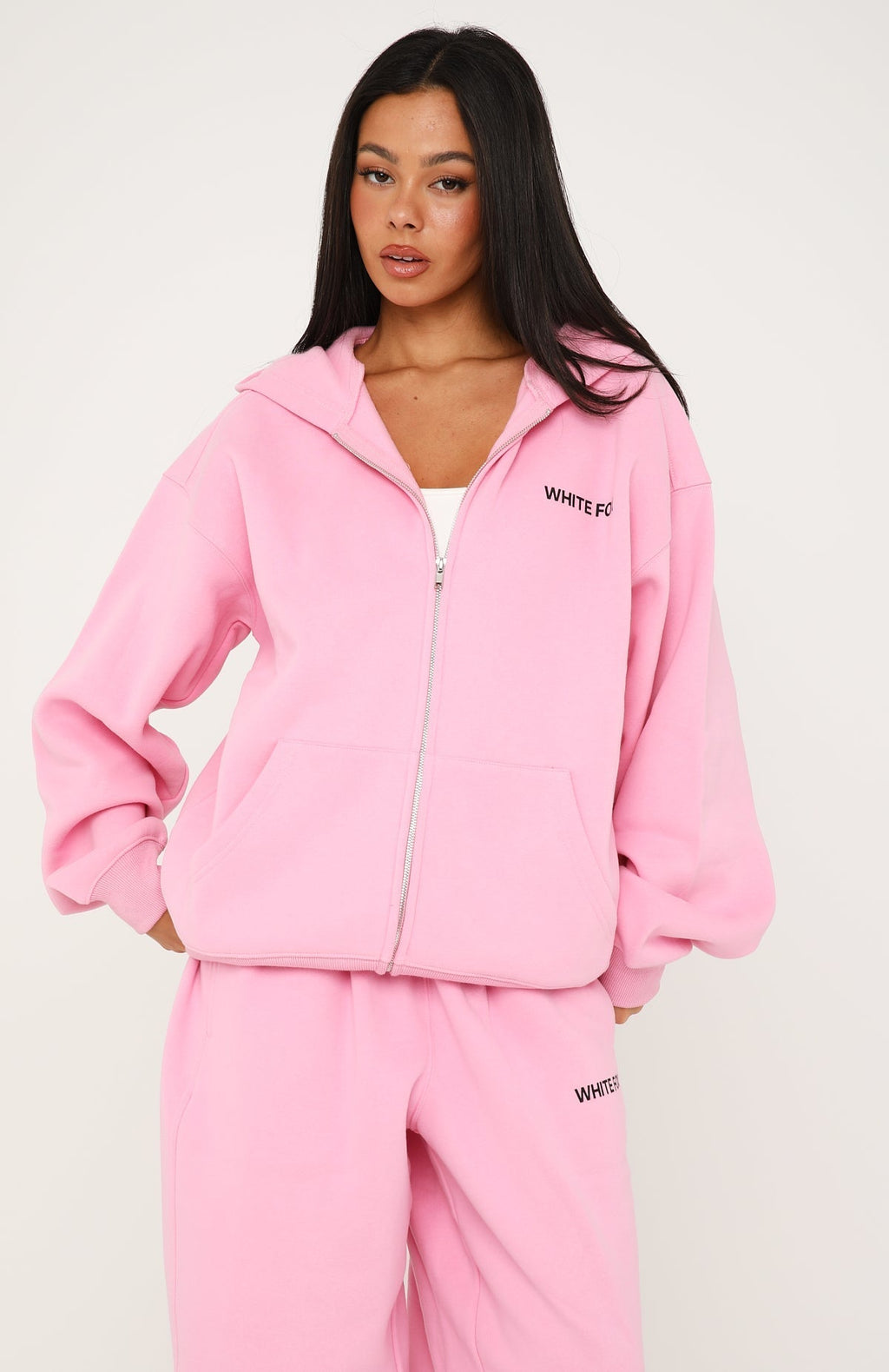 White Fox Core Classic Zip Front Hoodie Pink