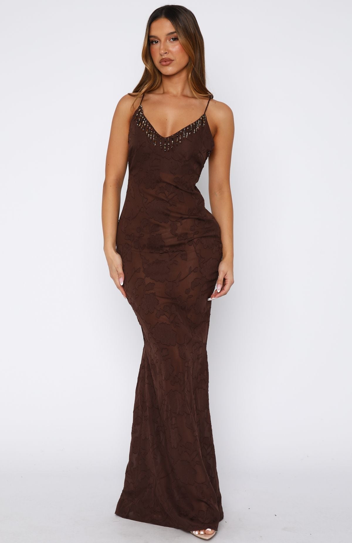 White Fox Lust For Life Maxi Embellished Trim Dress Chocolate