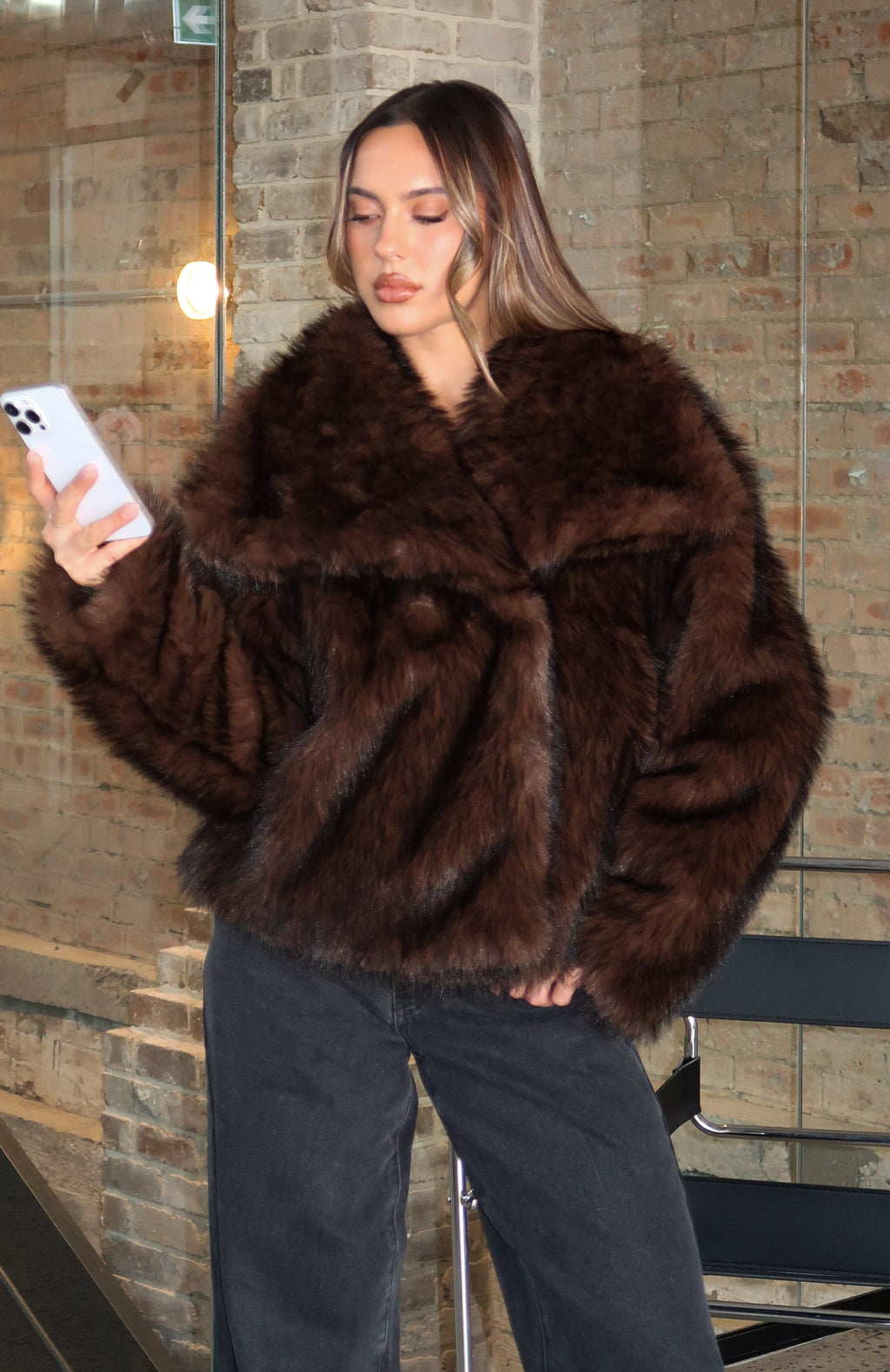 White Fox Dirty Martini Faux Fur Jacket Chocolate